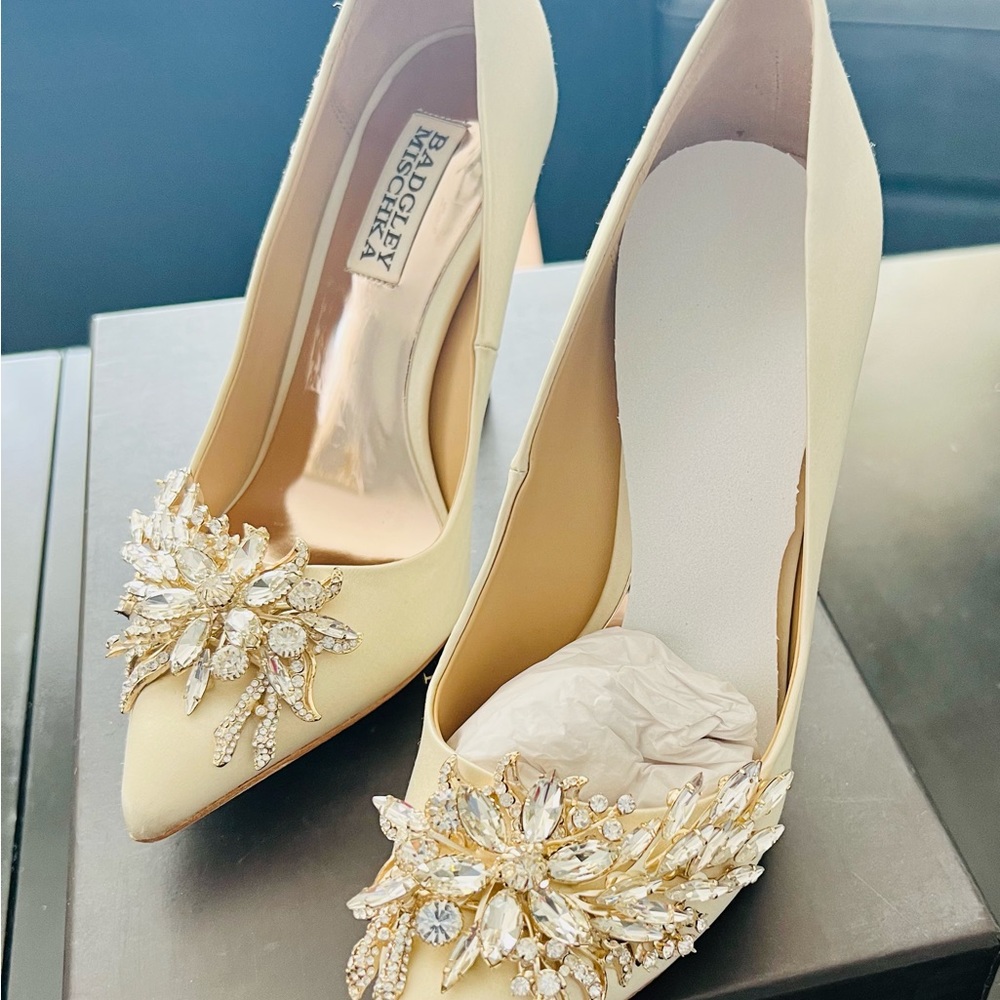 Stunning stiletto cream colored heels with jewels in front. New, never worn.